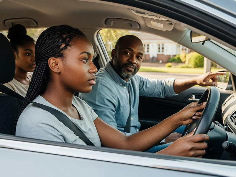 A young learner practising driving with an instructor beside her and another learner in the back seat